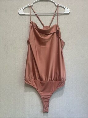 NWT ASTR Satin Drape Cowl Neck Cami Bodysuit Dark Blush Sz L Asymmetrical Cowl